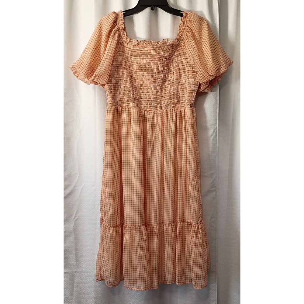 LC Lauren Conrad Peach Orange‎ White Gingham Cottagecore Chiffon Dress Large